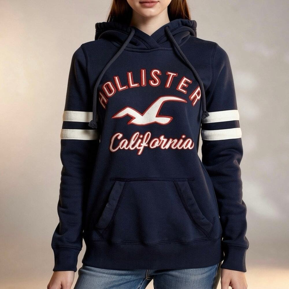 Navy Blue Graphic Logo Hoodie Sweatshirt White Sleeve Stripes XS